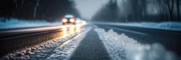 A line of cars move toward the camera. The glowing headlights on the cars illuminate the icy road.